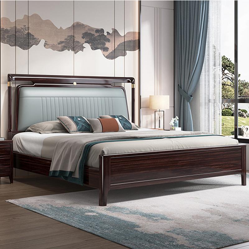 新中式家具 胡桃木实木床 轻奢真皮软靠双人床