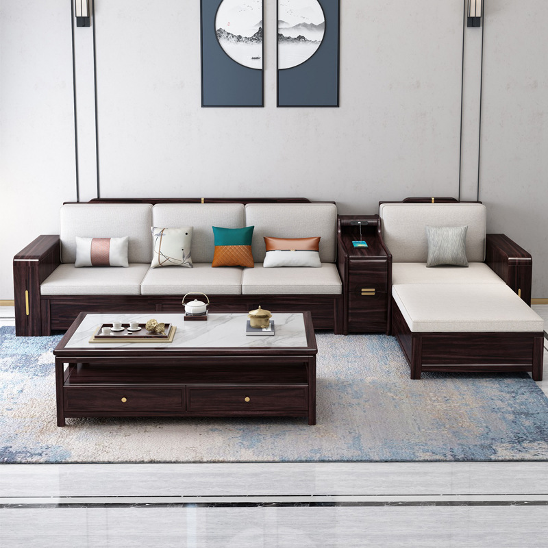 新中式家具 全实木布艺沙发 胡桃木质组合沙发