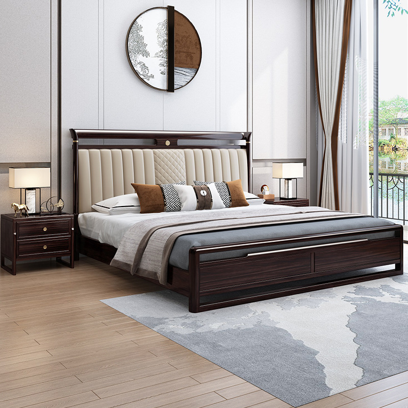 新中式家具 胡桃木全实木床 轻奢软靠双人床