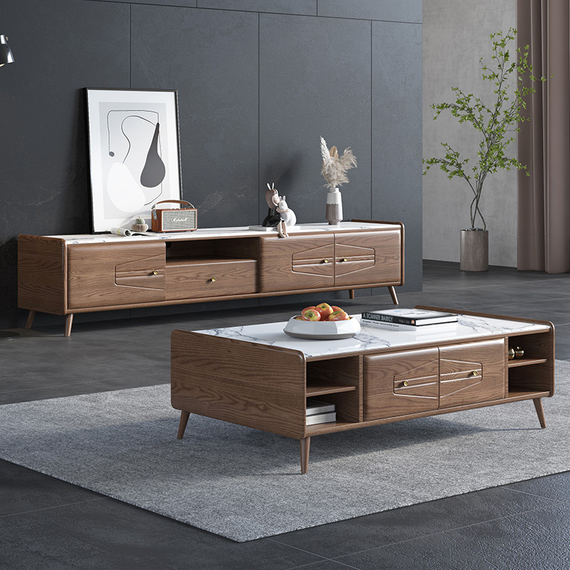北欧家具 全实木 白蜡木岩板茶几电视柜组合