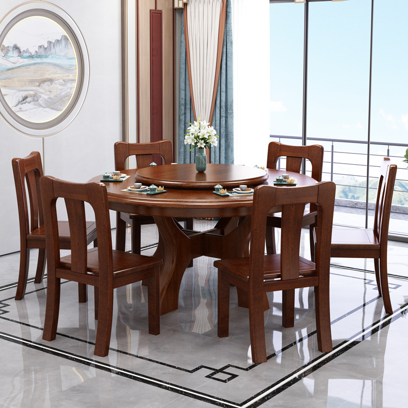 新中式家具 胡桃木餐桌椅组合 四人八人吃饭桌子带转盘 新中式家具 胡桃木餐桌椅组合 四人八人吃饭桌子带转盘