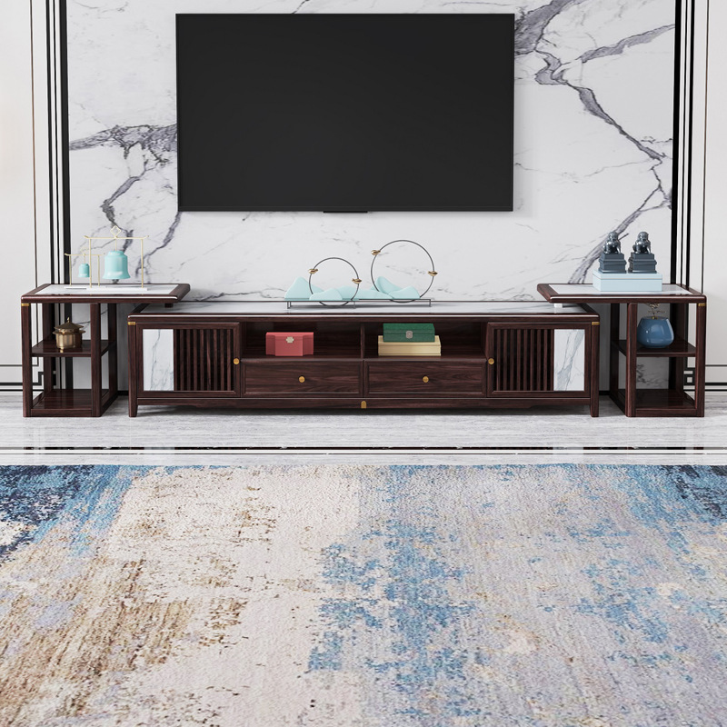 新中式家具 胡桃木实木岩板带伸缩电视柜茶几组合