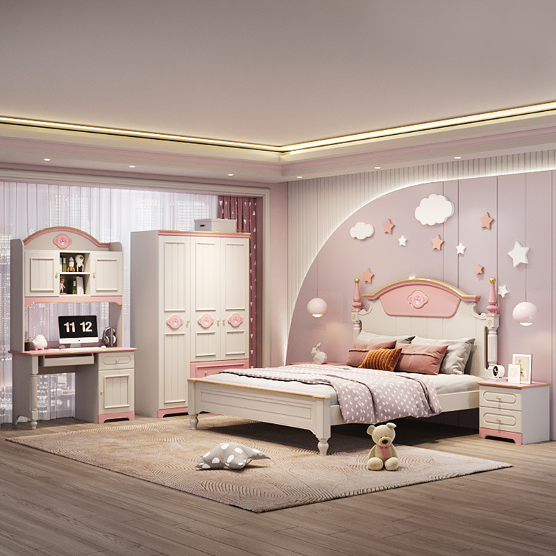 儿童家具 可爱女孩公主单人儿童床实木床套装