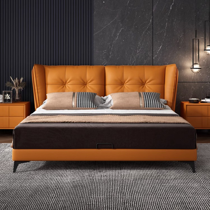 简约家具 意式极简软包双人实木真皮婚床