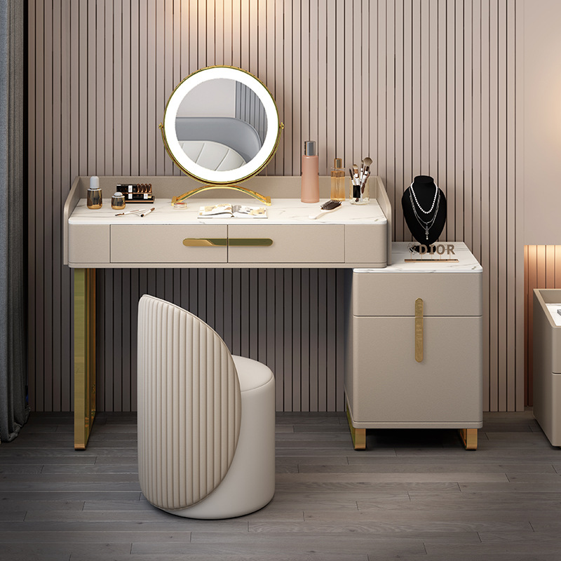 北欧家具 现代简约轻奢岩板梳妆台 卧室实木化妆桌收纳