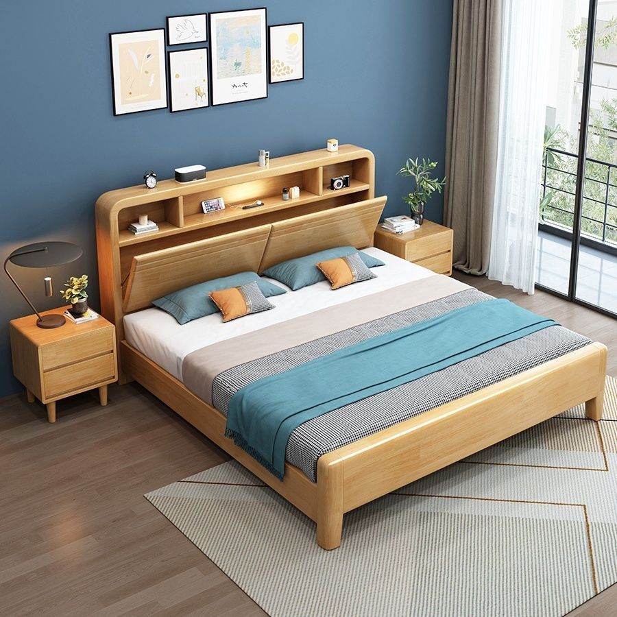 北欧家具 现代简约实木双人床带夜灯