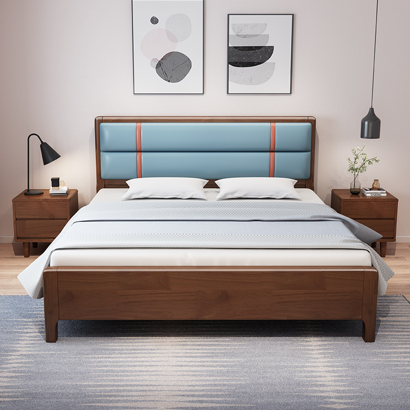 北欧家具 橡胶木实木床 现代简约软包靠背双人床